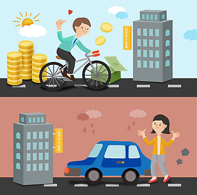 전신 여자 남자 지폐 돈 일러스트 자동차 서기 성인 두명 자전거 동전 절약 출근 국내일러스트 AI파일 육상교통 컨셉 모션 사람 바이크 재산 출퇴근 파일형식 벡터