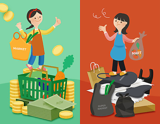 전신 여자 지폐 돈 일러스트 비닐봉투 서기 성인 두명 장보기 동전 절약 장바구니 국내일러스트 AI파일 컨셉 모션 봉투 사람 쇼핑 바구니 재산 파일형식 벡터