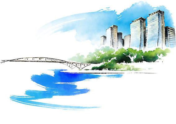 PSD 일러스트 캘리그라피 붓터치 풍경 빌딩 사람없음 건물 한강 가교 국내일러스트 건축물 서울 랜드마크 파일형식