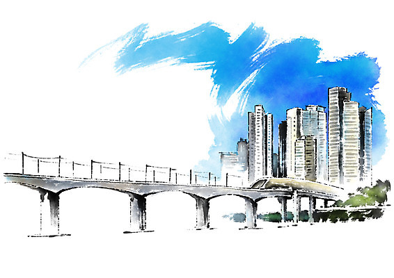 PSD 일러스트 캘리그라피 하늘 붓터치 풍경 빌딩 사람없음 건물 가교 국내일러스트 건축물 파일형식