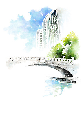 PSD 나무 일러스트 캘리그라피 붓터치 풍경 빌딩 사람없음 건물 가교 국내일러스트 식물 건축물 파일형식