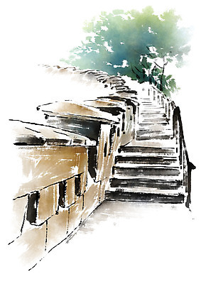 PSD 나무 일러스트 캘리그라피 돌담 풍경 사람없음 계단 국내일러스트 식물 담장 돌_바위 파일형식