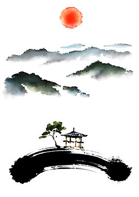 PSD 나무 일러스트 캘리그라피 붓터치 산 풍경 사람없음 태양 정자 번짐 국내일러스트 자연요소 식물 건축물 파일형식 효과