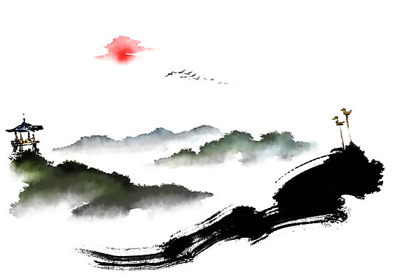 PSD 일러스트 캘리그라피 붓터치 산 풍경 사람없음 태양 정자 번짐 국내일러스트 자연요소 건축물 파일형식 효과