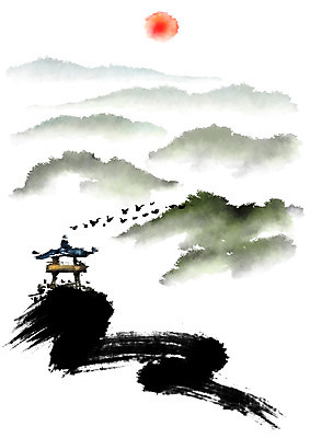 PSD 일러스트 캘리그라피 조류 붓터치 산 풍경 사람없음 태양 정자 번짐 국내일러스트 자연요소 동물 건축물 파일형식 효과