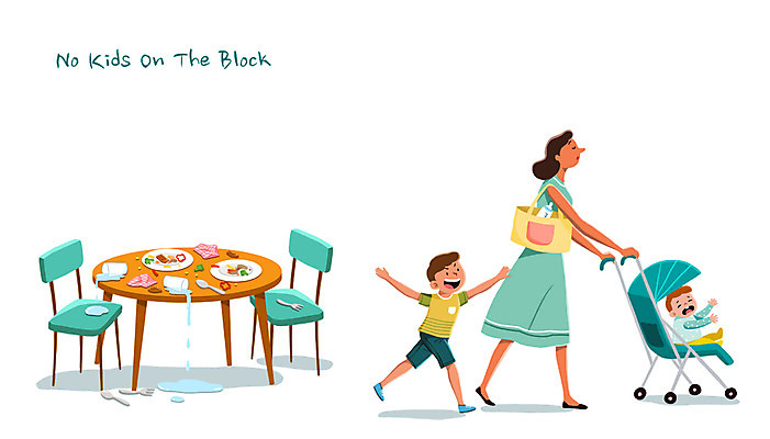 전신 PSD 여자 남자 아들 일러스트 가족 탁자 엄마 세명 식당 아기 예절 지저분함 유모차 떠남 노키즈존 비매너 국내일러스트 가구 관계 모션 사람 상점 아기용품 감각 파일형식