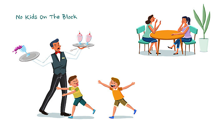 전신 PSD 여자 남자 아들 어린이 일러스트 엄마 서기 앉기 여러명 성인 예절 충돌 웨이터 무관심 수다 노키즈존 비매너 국내일러스트 직업 감정 다수 가족 모션 대화 사람 파일형식