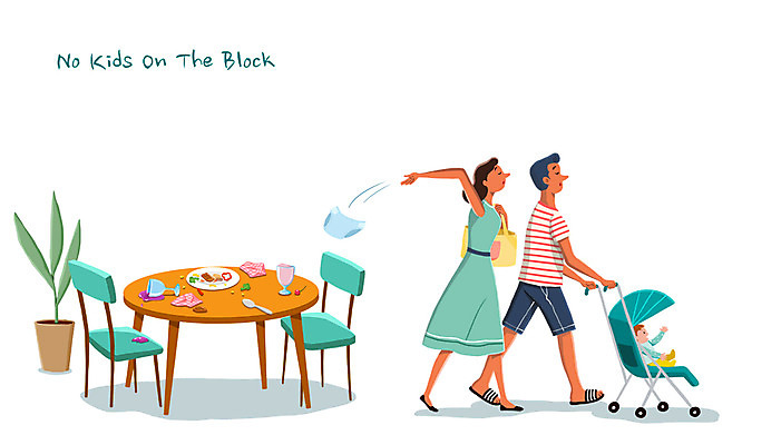 전신 PSD 일러스트 가족 식탁 엄마 성인 세명 식당 아기 예절 던지기 아빠 지저분함 쓰레기 기저귀 유모차 떠남 노키즈존 비매너 국내일러스트 관계 모션 탁자 사람 상점 아기용품 감각 파일형식