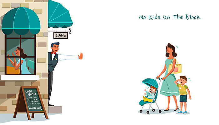 전신 PSD 여자 남자 일러스트 가족 서기 여러명 성인 카페 아기 예절 거절 웨이터 유모차 출입금지 노키즈존 국내일러스트 직업 다수 컨셉 관계 모션 사람 상점 아기용품 금지 파일형식