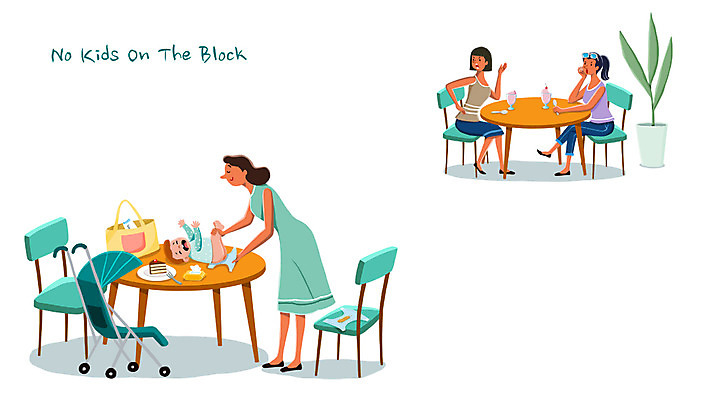 전신 PSD 여자 일러스트 엄마 서기 앉기 여러명 성인 카페 아기 예절 기저귀 유모차 공공장소 노키즈존 비매너 국내일러스트 다수 가족 모션 사람 상점 장소 아기용품 파일형식