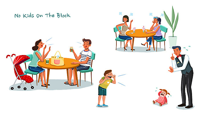 전신 PSD 여자 남자 어린이 일러스트 가족 서기 앉기 여러명 성인 카페 분노 예절 울음 웨이터 무관심 유모차 시끄러움 수다 공공장소 요청 노키즈존 비매너 국내일러스트 직업 감정 다수 관계 모션 표정 대화 사람 상점 장소 아기용품 파일형식