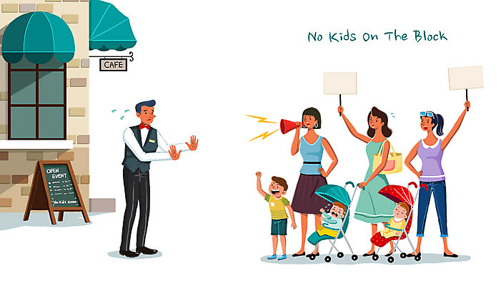 전신 PSD 여자 남자 어린이 일러스트 엄마 서기 여러명 성인 확성기 외침 아기 예절 판넬 웨이터 유모차 반대 노키즈존 비매너 국내일러스트 직업 다수 가족 모션 사람 소리 아기용품 파일형식