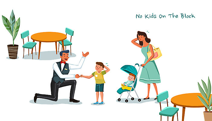 전신 PSD 여자 남자 어린이 일러스트 가족 엄마 서기 앉기 여러명 성인 아기 예절 웨이터 약속 유모차 곤란 충고 노키즈존 비매너 국내일러스트 직업 다수 관계 모션 사람 아기용품 파일형식