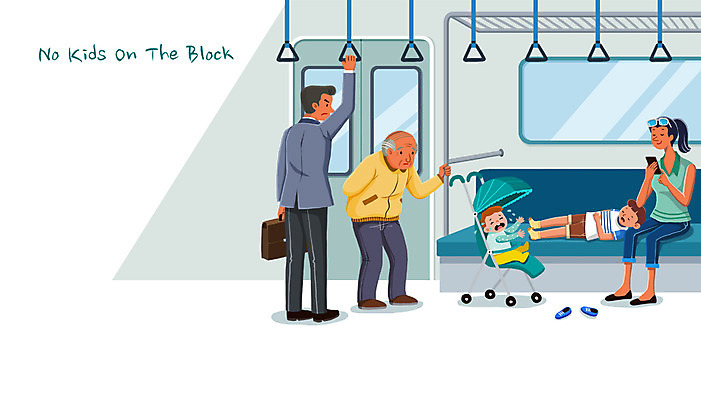 전신 PSD 여자 노년 남자 어린이 일러스트 서기 앉기 여러명 성인 아기 예절 전철 무관심 유모차 승객 시끄러움 공공장소 방해 노키즈존 비매너 국내일러스트 감정 육상교통 다수 컨셉 모션 대중교통 사람 장소 아기용품 파일형식