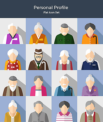 아이콘 여자 노년 남자 지팡이 사람 여러명 상반신 세트 다양 한복 플랫아이콘 2D아이콘 AI파일 한국전통 다수 성인 전통의상 파일형식 벡터