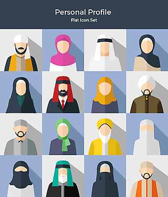 아이콘 여자 남자 중동 두건 사람 여러명 상반신 세트 다양 가운 이슬람교 아랍 플랫아이콘 히잡 2D아이콘 AI파일 옷 나라 종교 다수 이슬람문화 파일형식 벡터