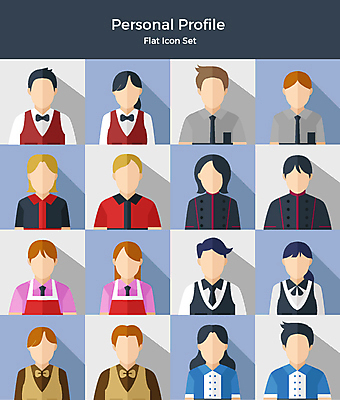 아이콘 여자 남자 유니폼 나비넥타이 사람 여러명 상반신 세트 앞치마 다양 조끼 웨이터 직원 플랫아이콘 2D아이콘 AI파일 직업 옷 다수 넥타이 외투 파일형식 벡터