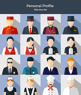 아이콘 여자 남자 호텔 사람 여러명 상반신 세트 요리사 다양 웨이터 직원 플랫아이콘 청소부 호텔리어 도어맨 안전요원 얼굴없음 2D아이콘 AI파일 직업 다수 숙소 파일형식 벡터