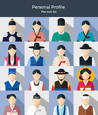 아이콘 여자 남자 사람 여러명 상반신 세트 다양 전통의상 한복 왕 플랫아이콘 여왕 공주님 궁녀 기생 무녀 선비 암행어사 중전의상 얼굴없음 2D아이콘 AI파일 갓모자 직업 모자_잡화 한국전통 전통 다수 전통소품 파일형식 벡터