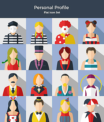 아이콘 여자 남자 사람 여러명 상반신 세트 파티 다양 마술사 광대 피에로 서커스 플랫아이콘 쇼 삐에로가면 저글링 2D아이콘 AI파일 다수 가면 이벤트 마술 파일형식 벡터