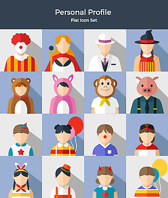 아이콘 여자 남자 어린이 사람 여러명 상반신 세트 파티 놀이공원 다양 마술사 머리띠 생일 피에로 플랫아이콘 풍선 인형탈 2D아이콘 AI파일 기념일 다수 장신구 이벤트 테마파크 마술 탈 파일형식 벡터