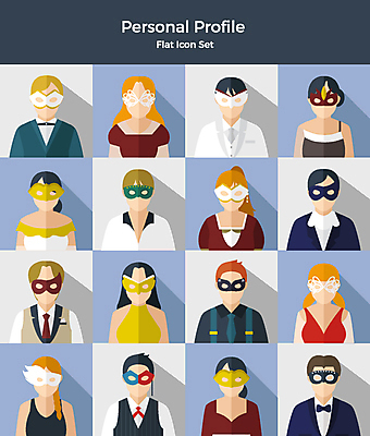 아이콘 드레스 여자 남자 가면 마스크 사람 정장 턱시도 여러명 상반신 세트 파티 다양 플랫아이콘 가면무도회 2D아이콘 AI파일 옷 다수 이벤트 무도회 파일형식 벡터