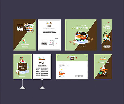 템플릿 배너템플릿 여자 남자 커피 티타임 나뭇잎 이벤트 여러명 성인 세트 카페 원두 현수막 전단 엽서 초대장 약도 소봉투 행사세트 행사템플릿 AI파일 배너 음료 다수 잎 지도 휴식 편지봉투 카드_감사 사람 상점 편지 홍보물 파일형식 벡터