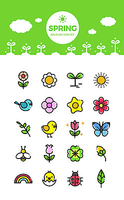 구름 아이콘 나비 무지개 나뭇잎 병아리 사람없음 세트 태양 새싹 봄 네잎클로버 벌 데이지 무당벌레 2D아이콘 AI파일 자연요소 식물 계절 꽃 곤충 잎 조류 클로버 파일형식 벡터