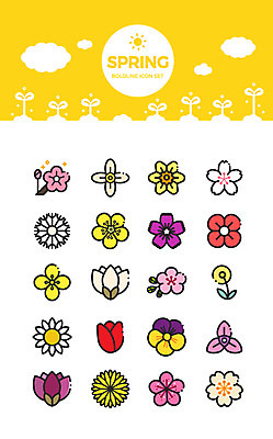 구름 아이콘 꽃 사람없음 세트 새싹 봄 다양 튤립 벚꽃 벚나무 민들레 진달래 유채 수선화 목련 패랭이꽃 팬지 찔레꽃 2D아이콘 AI파일 자연요소 나무 식물 계절 다수 파일형식 벡터