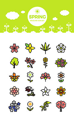 나무 구름 아이콘 꽃 사람없음 세트 새싹 봄 다양 벚꽃 벚나무 개나리 진달래 할미꽃 바람꽃 2D아이콘 AI파일 자연요소 식물 계절 다수 파일형식 벡터