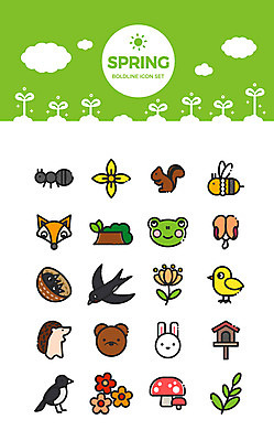 구름 아이콘 꽃 잎 곰 병아리 개구리 사람없음 세트 새싹 버섯 봄 토끼 둥지 꿀벌 개나리 벌 다람쥐 여우 까치 개미 나무밑둥 고슴도치 2D아이콘 AI파일 자연요소 나무 식물 동물 계절 곤충 포유류 조류 양서류 반려동물 벌_곤충 설치류 파일형식 벡터