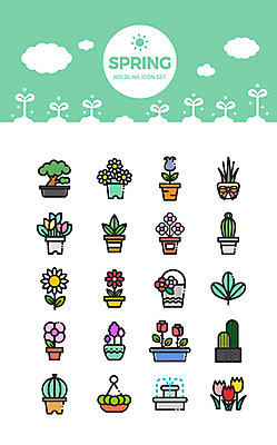 구름 아이콘 꽃 화분 선인장 사람없음 세트 새싹 봄 다양 튤립 분수 데이지 2D아이콘 AI파일 자연요소 식물 계절 다수 파일형식 벡터