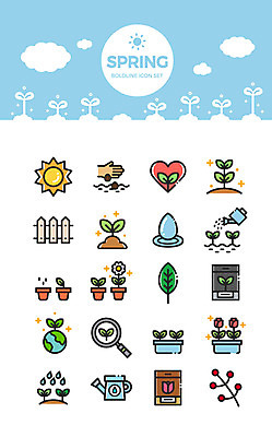 구름 아이콘 화분 지구 돋보기 나뭇잎 씨앗 사람없음 물 울타리 세트 태양 새싹 봄 물뿌리개 성장 2D아이콘 AI파일 자연요소 식물 계절 잎 담장 파일형식 벡터