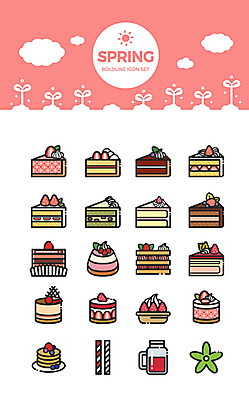 구름 아이콘 디저트 빨대 사람없음 세트 새싹 케이크 봄 다양 조각케이크 초코케이크 딸기주스 팬케이크 딸기케이크 2D아이콘 AI파일 자연요소 식물 계절 음식 다수 딸기 과일주스 파일형식 벡터