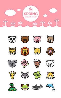동물 구름 아이콘 꽃 곰 사슴 개구리 사람없음 세트 새싹 봄 원숭이 돼지 뱀 호랑이 개 네잎클로버 사자 어린이날 기린 돌고래 북극곰 상어 너구리 코알라 기니피그 2D아이콘 AI파일 자연요소 식물 계절 기념일 포유류 파충류 양서류 어류 수중동물 클로버 파일형식 벡터