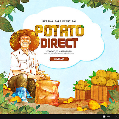 전신 PSD 템플릿 노년 남자 웹템플릿 나뭇잎 감자 팝업 이벤트팝업 웹팝업 한명 앉기 이벤트 농장 농부 직거래 이미지템플릿 직업 1 잎 농업 채소 모션 사람 성인 거래 배송 파일형식