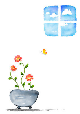 PSD 식물 꽃 화분 나비 일러스트 캘리그라피 창문 하늘 사람없음 국내일러스트 곤충 파일형식