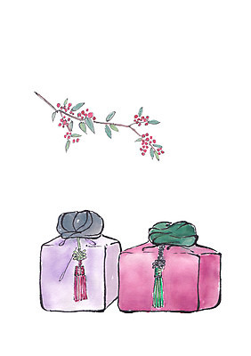 PSD 한국전통 전통 열매 일러스트 선물 사람없음 나뭇가지 보자기 노리개 국내일러스트 나무 식물 전통소품 한국 파일형식 천_직물