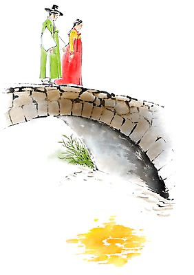 전신 PSD 한국전통 전통 커플 여자 남자 일러스트 서기 성인 두명 연못 전통의상 한복 가교 국내일러스트 건축물 관계 모션 한국 사람 파일형식