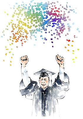 PSD 한국전통 전통 남자 중년 일러스트 학사모 졸업 한명 상반신 컬러풀 사각형 만세 졸업가운 국내일러스트 도형 모자_잡화 1 교육 컬러 모션 한국 사람 성인 가운 파일형식