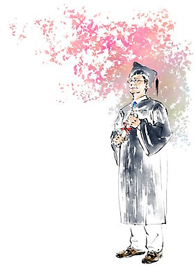 전신 PSD 한국전통 전통 노년 남자 분홍색 일러스트 학사모 졸업 꽃나무 한명 서기 들기 졸업가운 졸업장 국내일러스트 나무 모자_잡화 1 교육 꽃 컬러 모션 한국 사람 성인 가운 파일형식