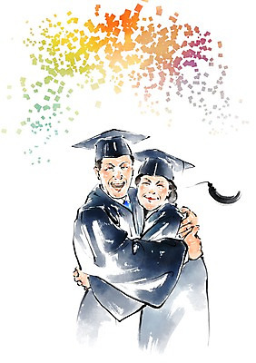 PSD 한국전통 전통 여자 노년 남자 일러스트 학사모 졸업 안기 서기 상반신 두명 졸업가운 그라데이션 국내일러스트 모자_잡화 교육 모션 한국 사람 성인 가운 파일형식