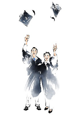 전신 PSD 한국전통 전통 여자 노년 남자 일러스트 학사모 졸업 서기 웃음 두명 졸업가운 던지기 국내일러스트 모자_잡화 교육 모션 한국 표정 사람 성인 가운 파일형식