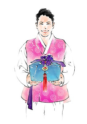 PSD 한국전통 전통 남자 일러스트 선물 한명 웃음 들기 상반신 성인 보자기 전통의상 한복 노리개 국내일러스트 1 모션 전통소품 한국 표정 사람 파일형식 천_직물