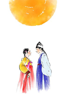 PSD 한국전통 전통 커플 여자 남자 일러스트 상반신 성인 두명 태양 전통의상 한복 국내일러스트 자연요소 관계 한국 사람 파일형식