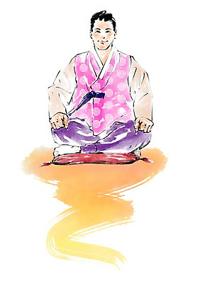 PSD 한국전통 전통 남자 일러스트 붓터치 한명 웃음 앉기 성인 전통의상 한복 번짐 국내일러스트 1 모션 한국 표정 사람 파일형식 효과