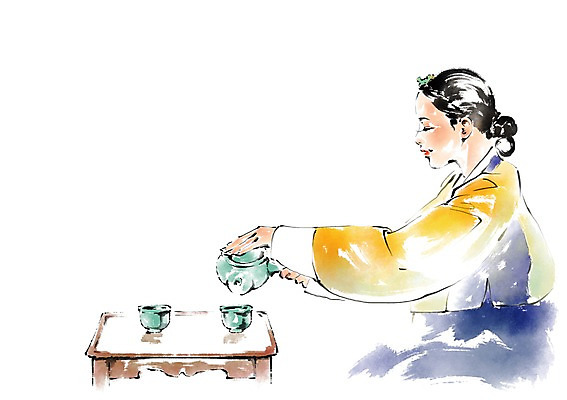 PSD 한국전통 전통 여자 일러스트 캘리그라피 한명 상반신 성인 예절 차 찻잔 다도 한복 찻주전자 찻상 국내일러스트 1 음료 탁자 주전자 잔 한국 사람 전통의상 파일형식