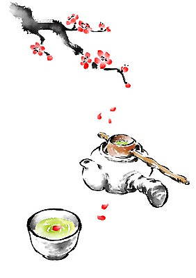 PSD 한국전통 전통 꽃 일러스트 캘리그라피 사람없음 예절 차 찻잔 다도 찻주전자 매화 국내일러스트 식물 음료 주전자 잔 한국 파일형식