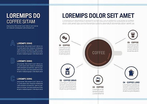 템플릿 표지디자인 북디자인 출판디자인 내지 리플렛 북커버 3단접지 팜플렛 사람없음 파란색 원두 찻주전자 커피메이커 테이크아웃컵 이미지템플릿 AI파일 커피 컬러 주전자 컵 커피용품 파일형식 벡터