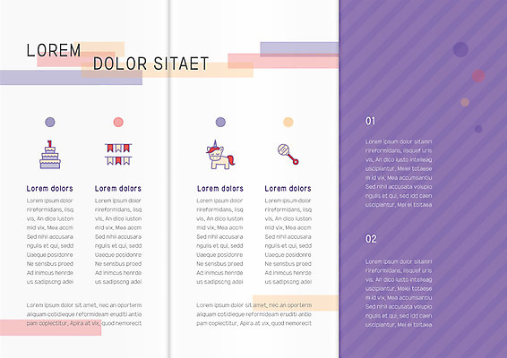템플릿 표지디자인 북디자인 출판디자인 내지 리플렛 북커버 3단접지 팜플렛 사람없음 케이크 사각형 보라색 원형 목마 딸랑이 사선무늬 이미지템플릿 AI파일 도형 컬러 디저트 아기용품 파일형식 벡터